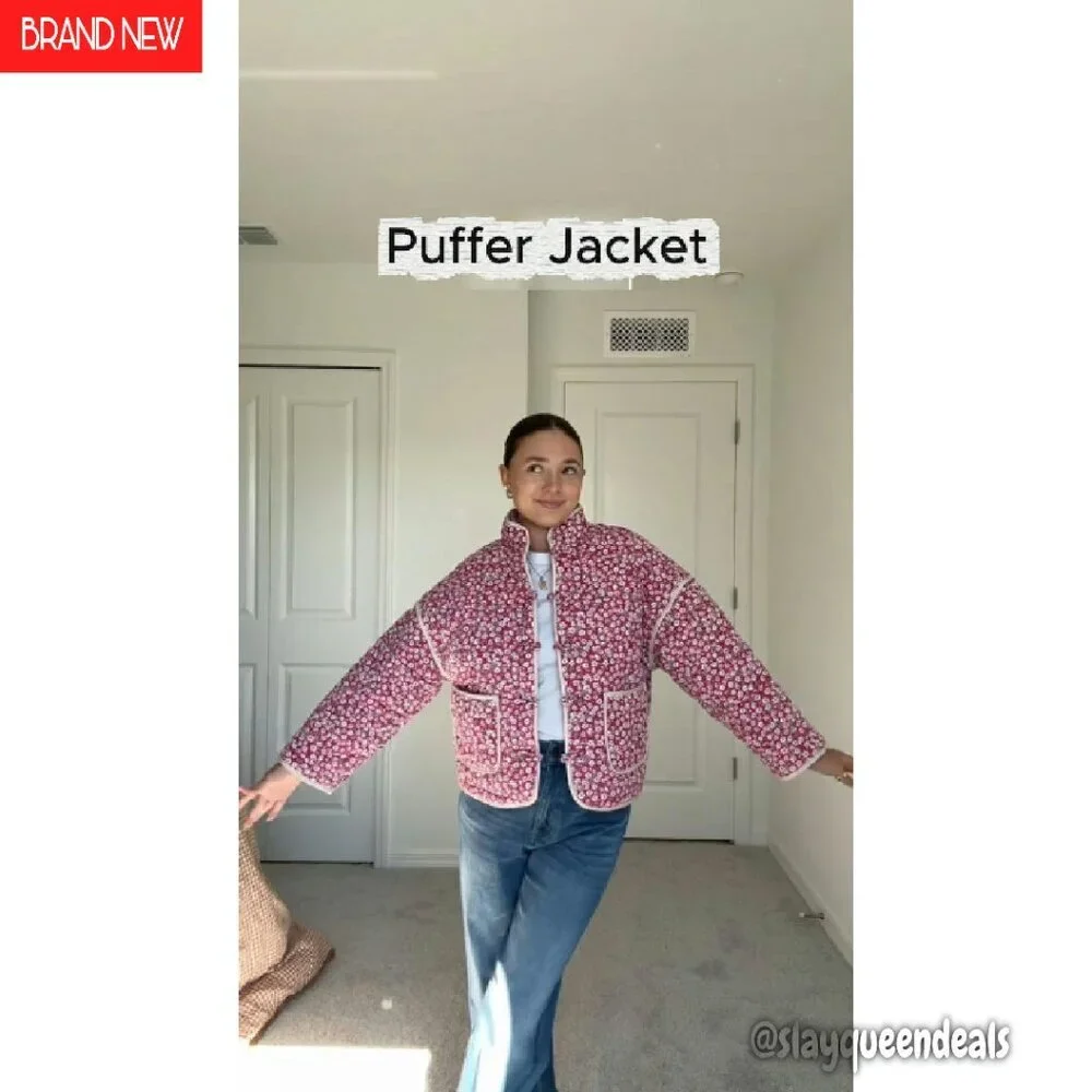 Quilted Puffer Jacket Lightweight Cropped Button Down with Pockets - Picture 5 of 7
